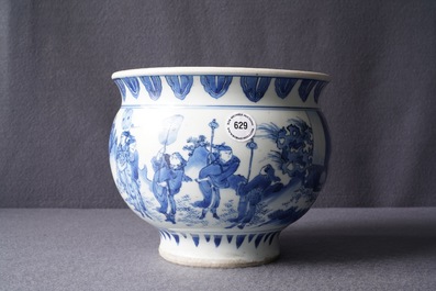 A rare Chinese blue and white censer with figures in a landscape, Transitional period