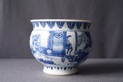 A rare Chinese blue and white censer with figures in a landscape, Transitional period