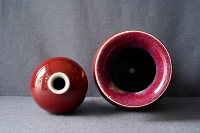 Two Chinese monochrome sang-de-boeuf and flamb&eacute; vases, 18/19th C.