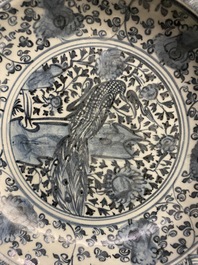 Two Chinese blue and white dishes with a peacock and with fish, Hongzhi