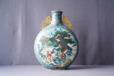 A Chinese cloisonn&eacute; 'deer and crane' moonflask vase, Qianlong mark, 19th C.