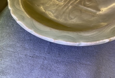 Two Chinese Longquan celadon dishes and three bowls, Song/Ming