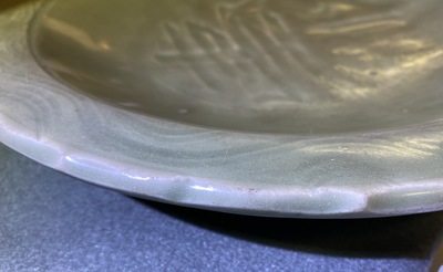 Two Chinese Longquan celadon dishes and three bowls, Song/Ming