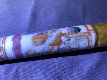 A Chinese famille rose opium pipe with silk pouch, 19th C.