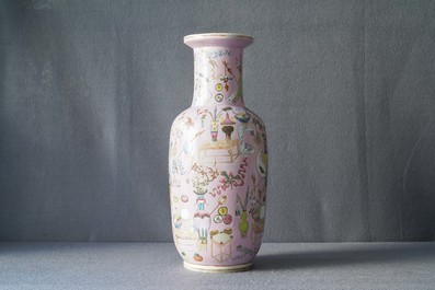 A Chinese famille rose pink-ground rouleau vase, 19th C.