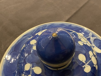 A pair of Chinese blue and white 'prunus on cracked ice' vases and covers, 19th C.