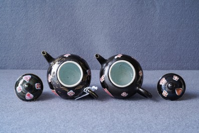 A pair of Chinese famille rose black-ground teapots and covers, Yongzheng/Qianlong