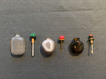 Six Chinese needle quartz and agate snuff bottles, 19/20th C.