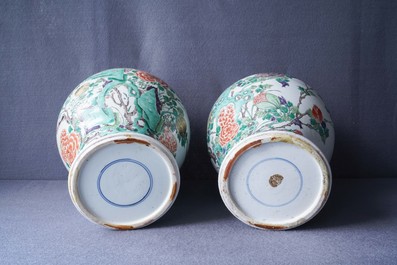 A pair of Chinese famille verte vases with birds and insects, Kangxi