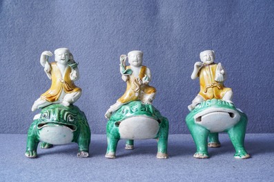 Three Chinese verte biscuit groups of Liu Hai on the toad, Kangxi