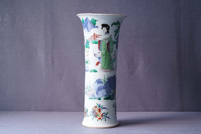 A Chinese wucai gu vase with figures in a garden, Shunzhi