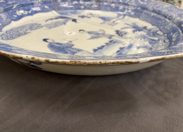 A large Chinese blue and white 'Romance of the Western chamber' dish, Qianlong