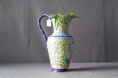 A Chinese Canton enamel lime green-ground ewer and basin, four-character mark, Qianlong/Jiaqing