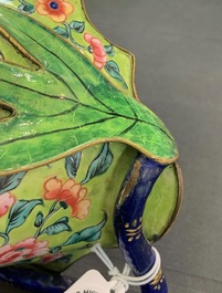 A Chinese Canton enamel lime green-ground ewer and basin, four-character mark, Qianlong/Jiaqing