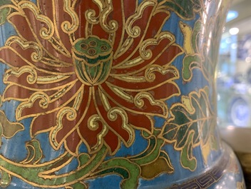 A large Chinese cloisonn&eacute; hu vase with lotus scrolls, marked Qi Yu Bao Tung Chih Chen, 19th C.