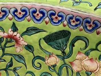 A Chinese Canton enamel lime green-ground ewer and basin, four-character mark, Qianlong/Jiaqing