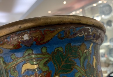 A large Chinese cloisonn&eacute; hu vase with lotus scrolls, marked Qi Yu Bao Tung Chih Chen, 19th C.