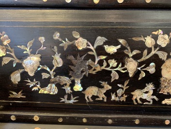 A large Chinese mother-of-pearl-inlaid wooden screen with silk embroidery, 19th C.