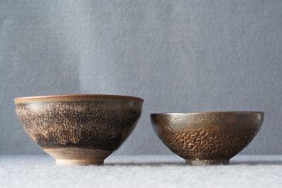 Two Chinese jianyao 'hare's fur' and speckled brown glaze tea bowls, Song