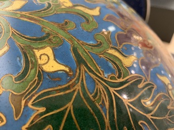 A large Chinese cloisonn&eacute; hu vase with lotus scrolls, marked Qi Yu Bao Tung Chih Chen, 19th C.