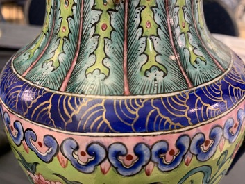 A Chinese Canton enamel lime green-ground ewer and basin, four-character mark, Qianlong/Jiaqing