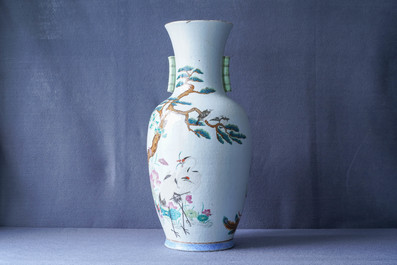 A Chinese famille rose 'phoenix and crane' vase, Qianlong mark, 19th C.