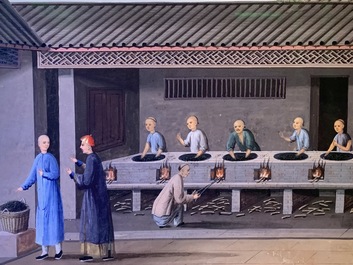 Chinese school, Canton, aquarel op papier, 19e eeuw: Vier sc&egrave;nes met de theeproductie