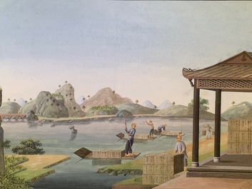 Chinese school, Canton, aquarel op papier, 19e eeuw: Vier sc&egrave;nes met de theeproductie