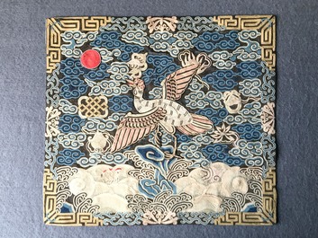 A Chinese embroidered silk rank badge with a crane for first-rank civil official, Qianlong/Jiaqing