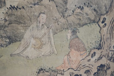 Chinese school, signed Hua Yan (1682-1756), ink and colour on paper: 'Scholars in a mountain forest'