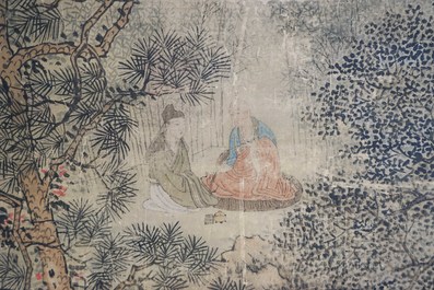 Ecole chinoise, sign&eacute; Hua Yan (1682-1756), encre et couleurs sur papier: 'Lettr&eacute;s dans un for&ecirc;t montagneux'