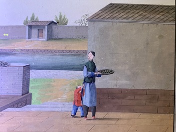 Ecole chinoise de Canton, aquarelle sur papier, 19&egrave;me: Quatre sc&egrave;nes sur la production du th&eacute;