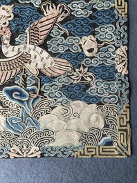 A Chinese embroidered silk rank badge with a crane for first-rank civil official, Qianlong/Jiaqing