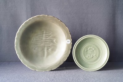 Two Chinese Longquan celadon dishes and three bowls, Song/Ming