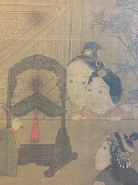 Chinese school, naar Su Hanchen (1094-1172), inkt en kleur op zijde: dame met kinderen bij een vissenkom