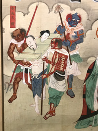 Chinese school, ink and colour on paper, Qing: 'Warriors and deities in heaven'