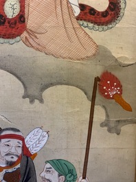 Ecole chinoise, encre et couleurs sur papier, Qing: 'Guerriers et saints en ciel'