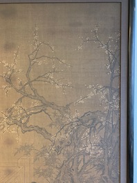 Chinese school, naar Su Hanchen (1094-1172), inkt en kleur op zijde: dame met kinderen bij een vissenkom