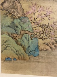 Ecole chinoise, 18/19&egrave;me, encre et couleurs sur soie: 'personnages aupr&egrave;s d'une pagode'