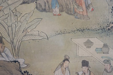 Chinese school, signed Hua Yan (1682-1756), ink and colour on paper: 'Scholars in a mountain forest'