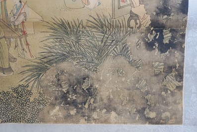 Chinese school, signed Hua Yan (1682-1756), ink and colour on paper: 'Scholars in a mountain forest'