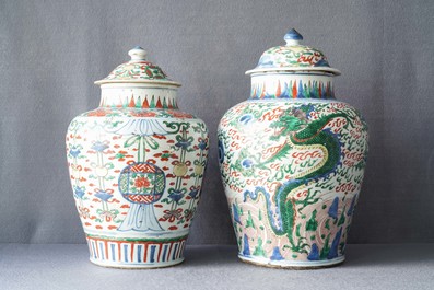 Two Chinese wucai vases and covers, Transitional period