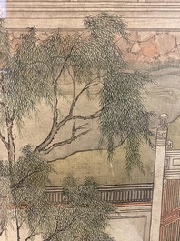 Chinese school, 18/19th C., ink and colour on silk: 'landscape with figures near a pagoda'