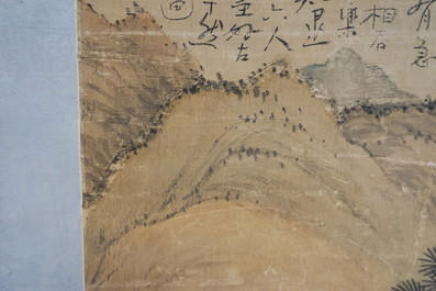Chinese school, signed Hua Yan (1682-1756), ink and colour on paper: 'Scholars in a mountain forest'