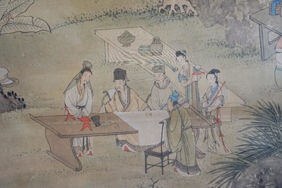 Chinese school, signed Hua Yan (1682-1756), ink and colour on paper: 'Scholars in a mountain forest'