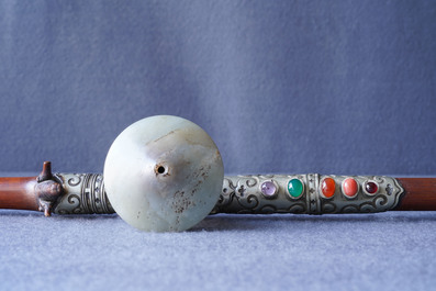 A Chinese jade and semi-precious stones inlaid bamboo opium pipe, 19th C.