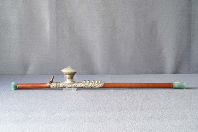 A Chinese jade and semi-precious stones inlaid bamboo opium pipe, 19th C.