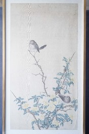 Chinese school, 19th C., ink and colour on silk: 'birds on blossoming branches'