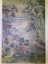 Chinese school, after Qiu Ying (c.1494-1551/52), ink and colour on silk: 'mountainous landscape', inscribed and dated 1545