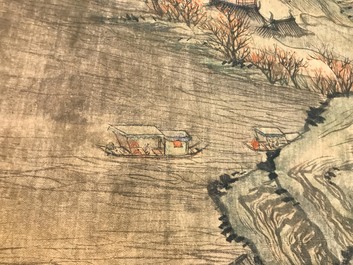 Ecole chinoise, d'apr&egrave;s Qiu Ying (c.1494-1551/52), encre et couleurs sur soie: 'paysage montagneux', dat&eacute; 1545